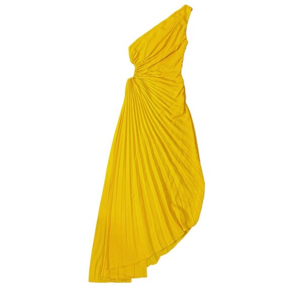 A.L.C. Size 2 Delfina Pleated One Shoulder Gown Yellow Asymmetrical Midi Dress - Picture 3 of 13